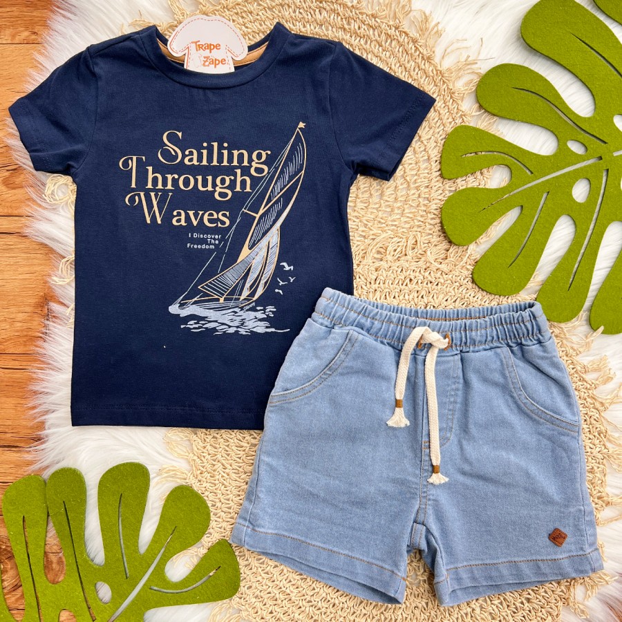 Conj. Camiseta Sailing Through Waves e Bermuda - Marinho e Azul Claro